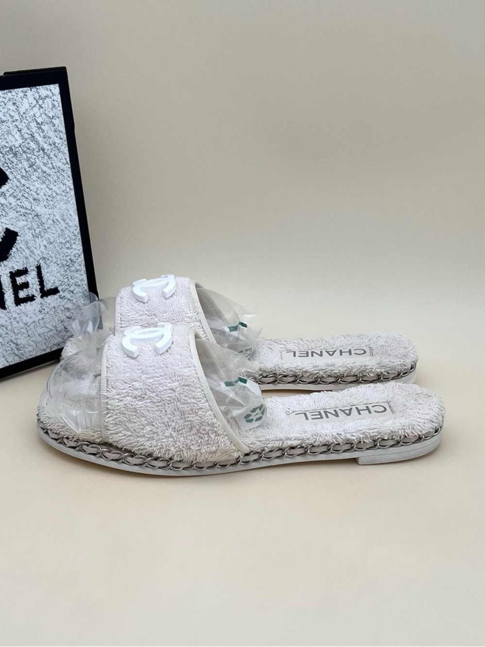 CHANEL White Terry Slide Mules with Clear Strap
